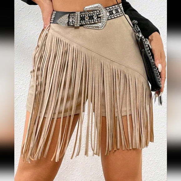 Pants - Fringe Trim Faux Suede Skort Without Belt